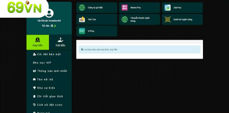 Nạp tiền 69vn là bước quan trọng để người chơi có thể tham gia các trò chơi cá cược giải trí tại nhà cái